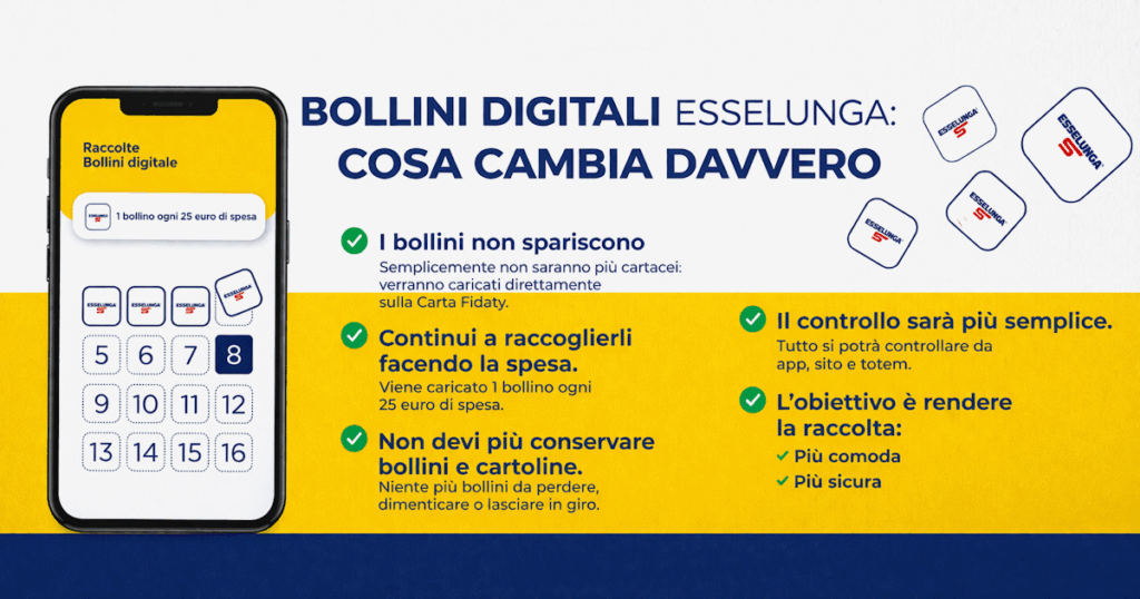 Bollini digitali Esselunga con Carta Fìdaty: immagine informativa sulla nuova raccolta bollini digitale