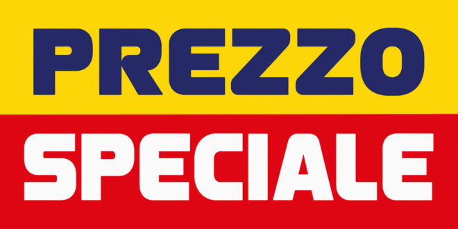 Cartello Prezzo Speciale Esselunga con scritta blu su fondo giallo e bianco su fondo rosso
