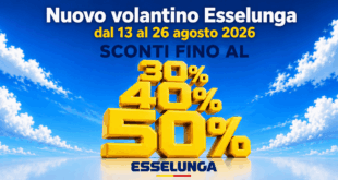 Nuovo volantino Esselunga dal 13 al 26 agosto 2026 con sconti fino al 50% su sfondo di cielo e nuvole