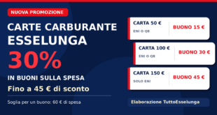 Grafica della promozione carte carburante Esselunga al 30%: buoni spesa da 15, 30 e 45 euro per i tagli da 50, 100 e 150 euro