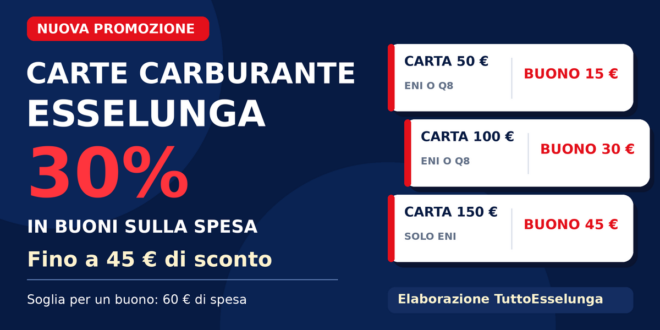 Grafica della promozione carte carburante Esselunga al 30%: buoni spesa da 15, 30 e 45 euro per i tagli da 50, 100 e 150 euro